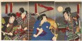 Eine Kabuki Szene von drei Samurai und einem Reisenden auf der Brücke Toyohara Chikanobu
